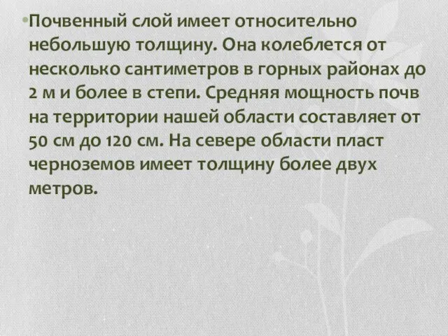 Почвенный слой имеет относительно небольшую толщину. Она колеблется от несколько