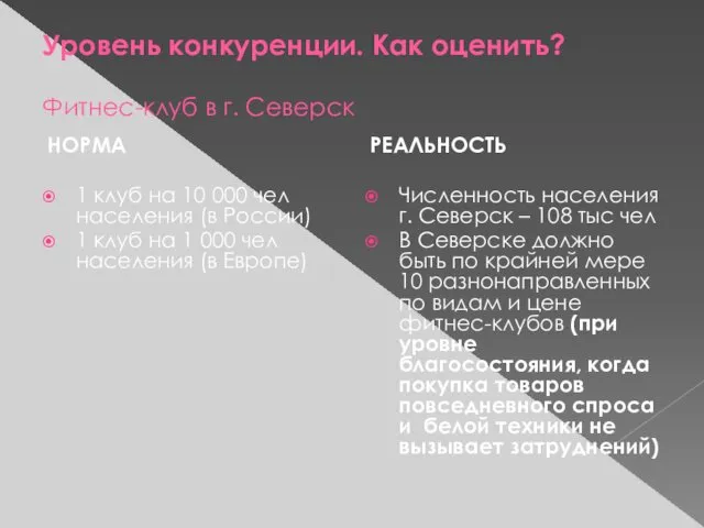 Уровень конкуренции. Как оценить? Фитнес-клуб в г. Северск НОРМА 1