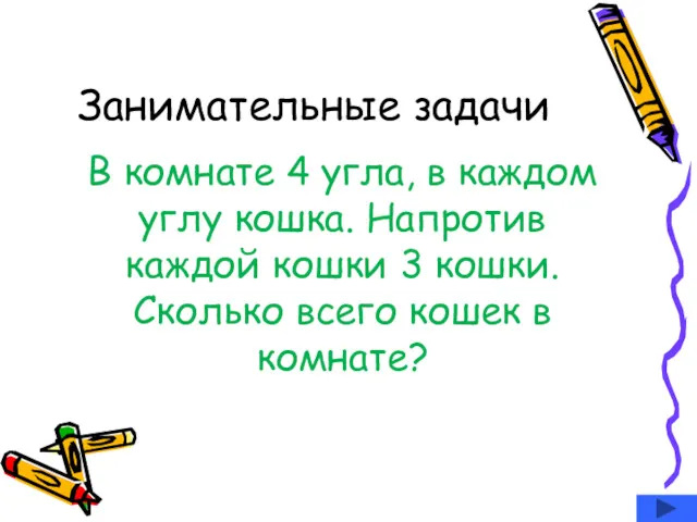 Занимательные задачи В комнате 4 угла, в каждом углу кошка.