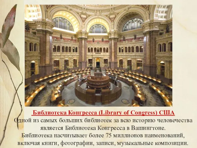 Библиотека Конгресса (Library of Congress) США Одной из самых больших библиотек за всю
