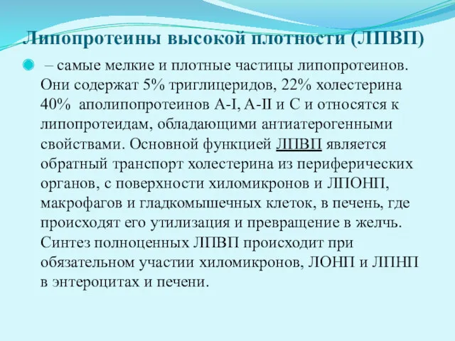 Липопротеины высокой плотности (ЛПВП) – самые мелкие и плотные частицы