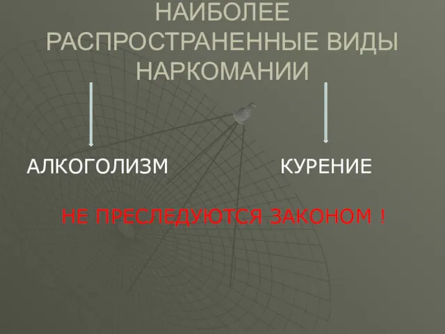 НАИБОЛЕЕ РАСПРОСТРАНЕННЫЕ ВИДЫ НАРКОМАНИИ АЛКОГОЛИЗМ КУРЕНИЕ НЕ ПРЕСЛЕДУЮТСЯ ЗАКОНОМ !