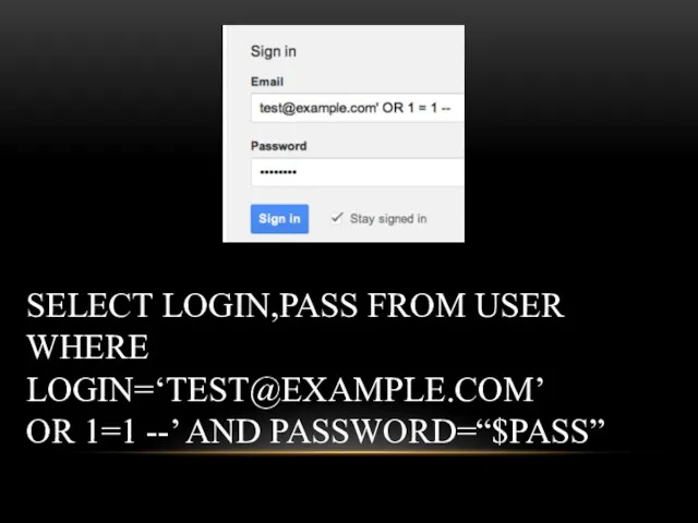 SELECT LOGIN,PASS FROM USER WHERE LOGIN=‘TEST@EXAMPLE.COM’ OR 1=1 --’ AND PASSWORD=“$PASS”