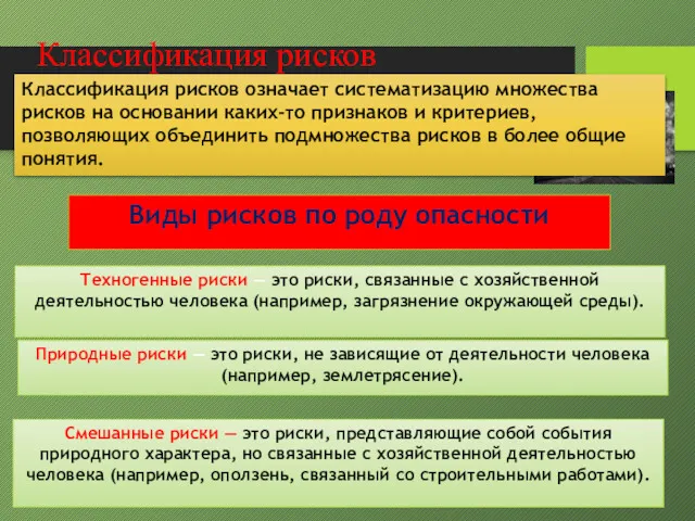 Классификация рисков означает систематизацию множества рисков на основании каких-то признаков