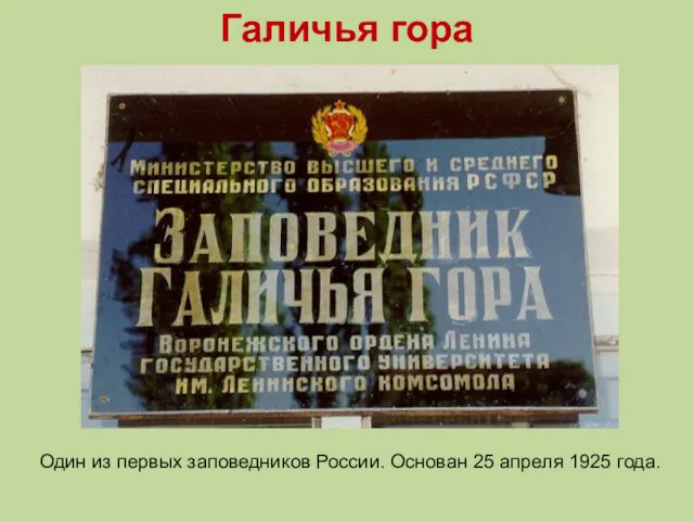 Галичья гора Один из первых заповедников России. Основан 25 апреля 1925 года.