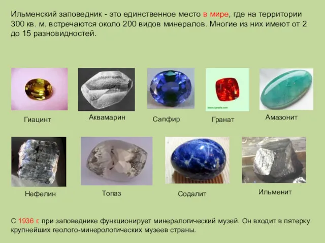 Гранат Аквамарин Сапфир Гиацинт Амазонит Нефелин Содалит Ильменит Топаз Ильменский заповедник - это