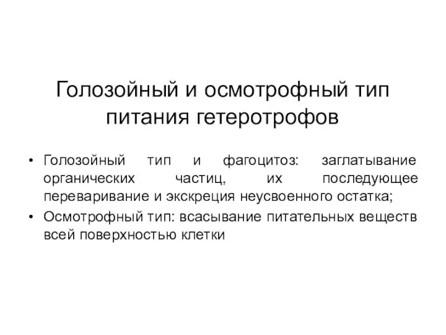 Голозойный и осмотрофный тип питания гетеротрофов Голозойный тип и фагоцитоз: