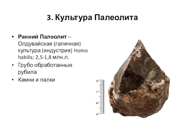 3. Культура Палеолита Ранний Палеолит – Олдувайская (галечная) культура (индустрия)