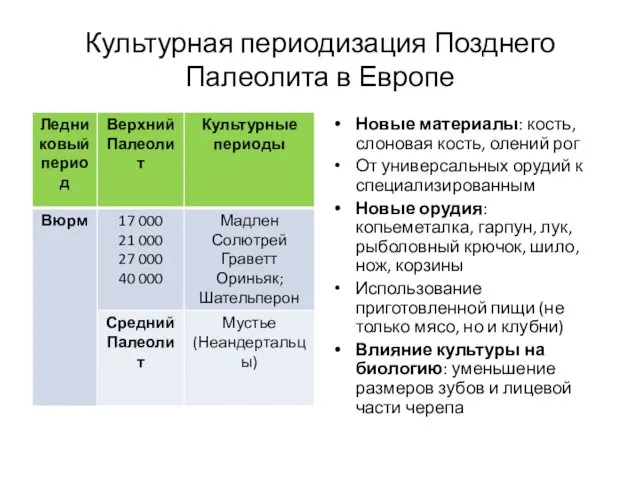 Культурная периодизация Позднего Палеолита в Европе Новые материалы: кость, слоновая