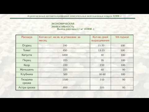 ЭКОНОМИЧЕСКАЯ ЭФФЕКТИВНОСТЬ Выход рассады с 1 м2 АОВМ-2