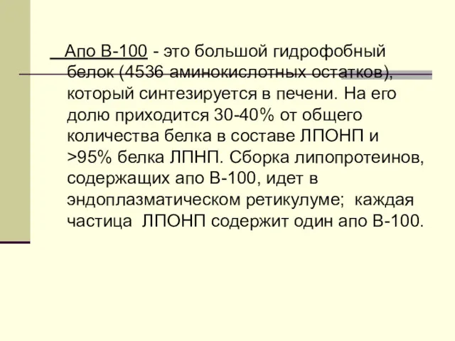 Апо В-100 - это большой гидрофобный белок (4536 аминокислотных остатков),