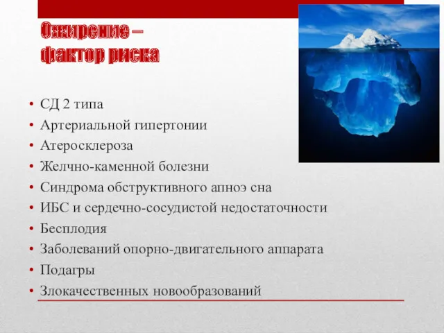 Ожирение – фактор риска СД 2 типа Артериальной гипертонии Атеросклероза