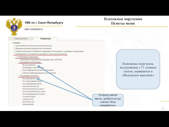 Платежные поручения Пункты меню Платежные поручения, поступившие с 71 лицевых