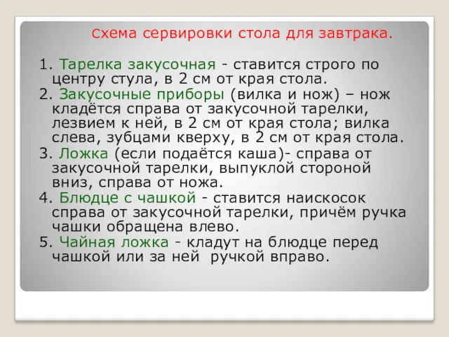 Схема сервировки стола для завтрака. 1. Тарелка закусочная - ставится