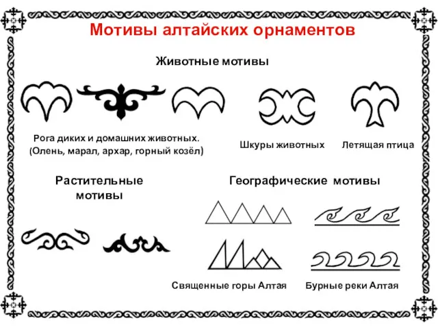 Мотивы алтайских орнаментов Рога диких и домашних животных. (Олень, марал,