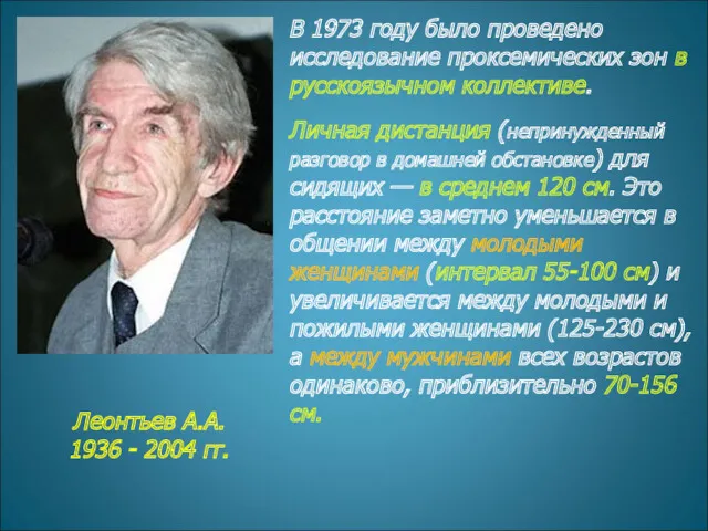 В 1973 году было проведено исследование проксемических зон в русскоязычном
