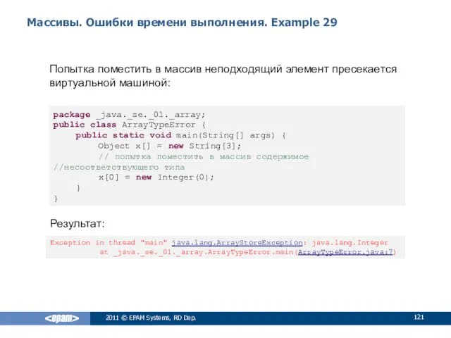 Массивы. Ошибки времени выполнения. Example 29 Попытка поместить в массив неподходящий элемент пресекается