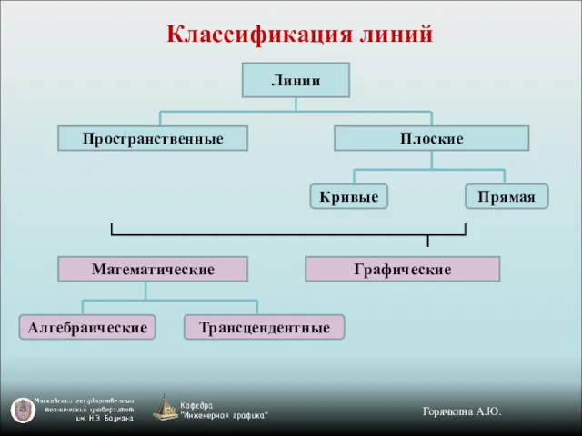 Классификация линий Кривые Линии Плоские Прямая Пространственные Горячкина А.Ю. Математические Графические Алгебраические Трансцендентные