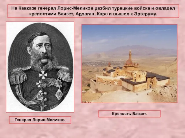 На Кавказе генерал Лорис-Меликов разбил турецкие войска и овладел крепостями Баязет, Ардаган, Карс