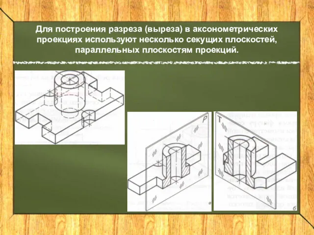 Для построения разреза (выреза) в аксонометрических проекциях используют несколько секущих плоскостей, параллельных плоскостям проекций.