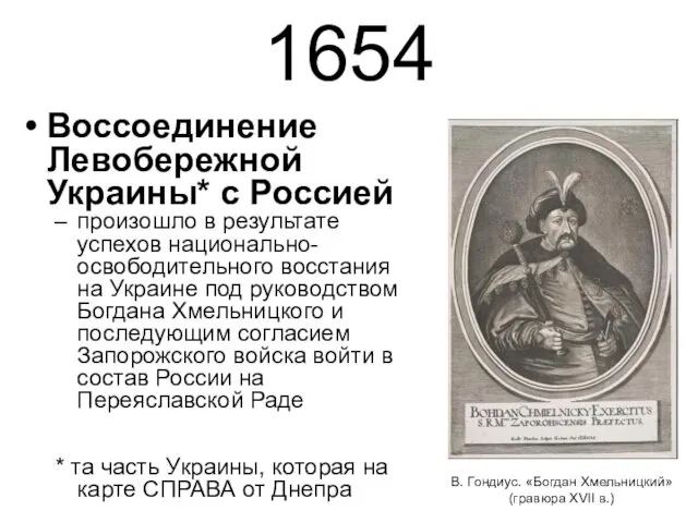 1654 Воссоединение Левобережной Украины* с Россией произошло в результате успехов