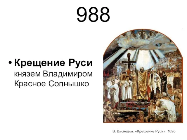 988 Крещение Руси князем Владимиром Красное Солнышко В. Васнецов. «Крещение Руси». 1890