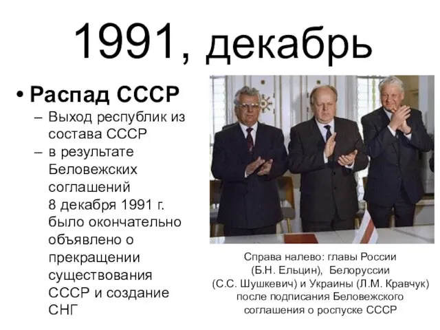 1991, декабрь Распад СССР Выход республик из состава СССР в