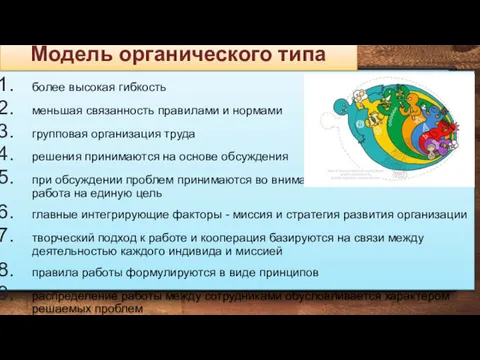 Модель органического типа более высокая гибкость меньшая связанность правилами и