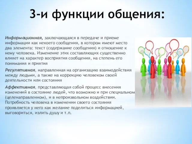 3-и функции общения: Информационная, заключающаяся в передаче и приеме информации как некоего сообщения,