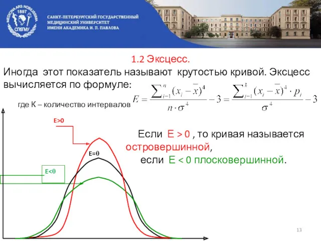 1.2 Эксцесс. Иногда этот показатель называют крутостью кривой. Эксцесс вычисляется