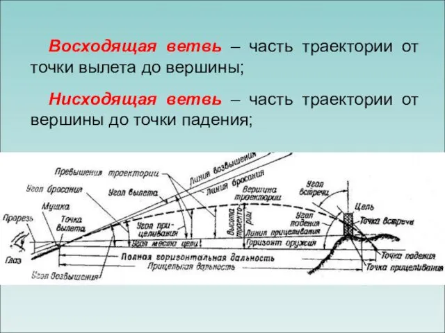 Восходящая ветвь – часть траектории от точки вылета до вершины;