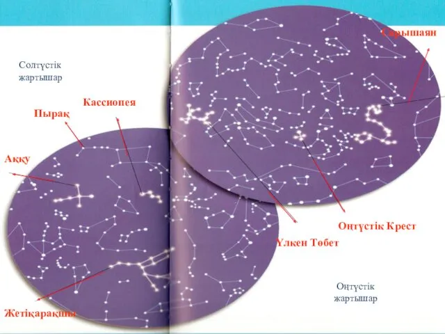 Солтүстік жартышар Пырақ Аққу Жетіқарақшы Кассиопея Үлкен Төбет Оңтүстік Крест Сарышаян Оңтүстік жартышар