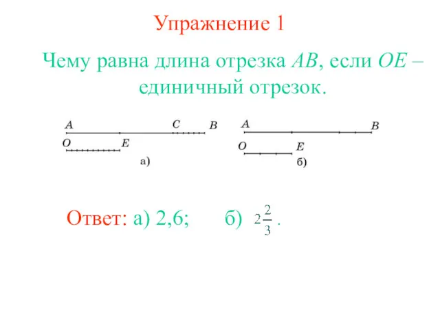 Упражнение 1 Ответ: а) 2,6; Чему равна длина отрезка AB, если OE – единичный отрезок.
