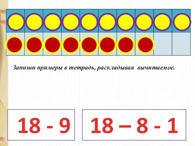 18 - 9 18 – 8 - 1 Запиши примеры в тетрадь, раскладывая вычитаемое.