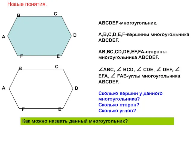 ABCDEF-многоугольник. A,B,C,D,E,F-вершины многоугольника ABCDEF. АВ,ВС,СD,DE,EF,FA-стороны многоугольника ABCDEF. ∠ABC, ∠ BCD,