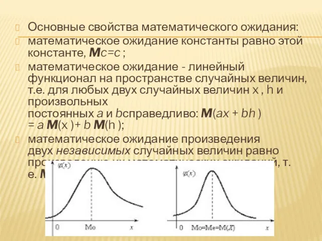 Основные свойства математического ожидания: математическое ожидание константы равно этой константе,