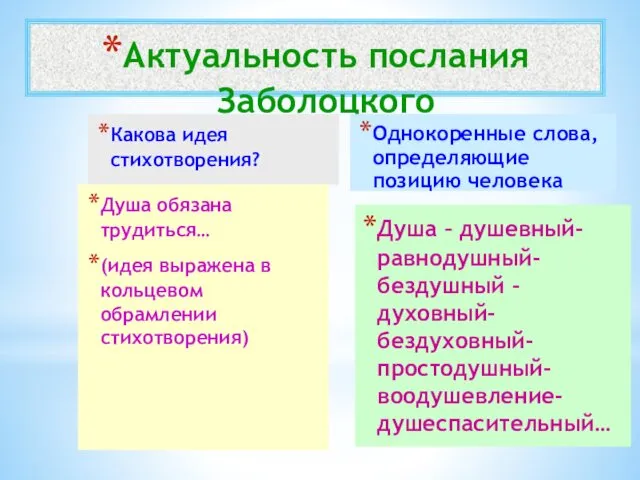 Актуальность послания Заболоцкого Какова идея стихотворения? Душа обязана трудиться… (идея