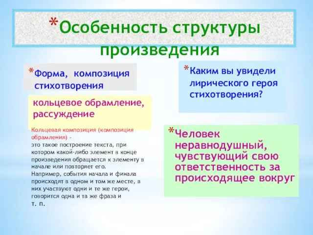 Особенность структуры произведения Форма, композиция стихотворения кольцевое обрамление, рассуждение Каким