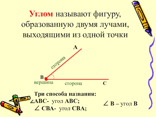 Углом называют фигуру, образованную двумя лучами, выходящими из одной точки