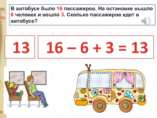 В автобусе было 16 пассажиров. На остановке вышло 6 человек и вошло 3.