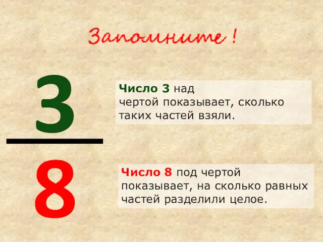 Число 8 под чертой показывает, на сколько равных частей разделили