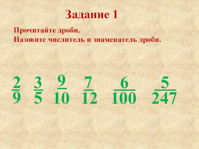 Задание 1 Прочитайте дроби. Назовите числитель и знаменатель дроби.