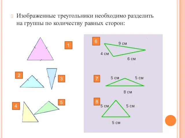 Изображенные треугольники необходимо разделить на группы по количеству равных сторон: