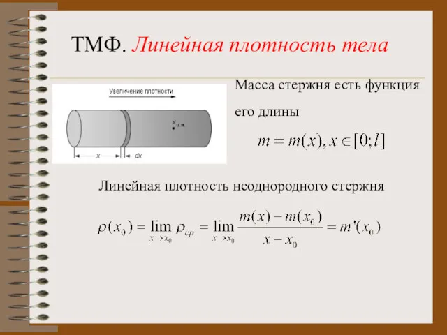 ТМФ. Линейная плотность тела Масса стержня есть функция его длины Линейная плотность неоднородного стержня