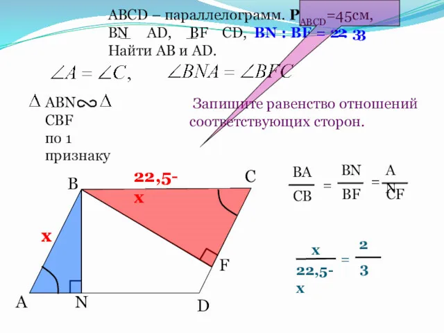 A B С АВСD – параллелограмм. РАВСD=45см, ВN AD, BF