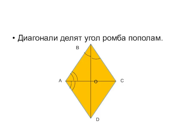 Диагонали делят угол ромба пополам. О А В С D