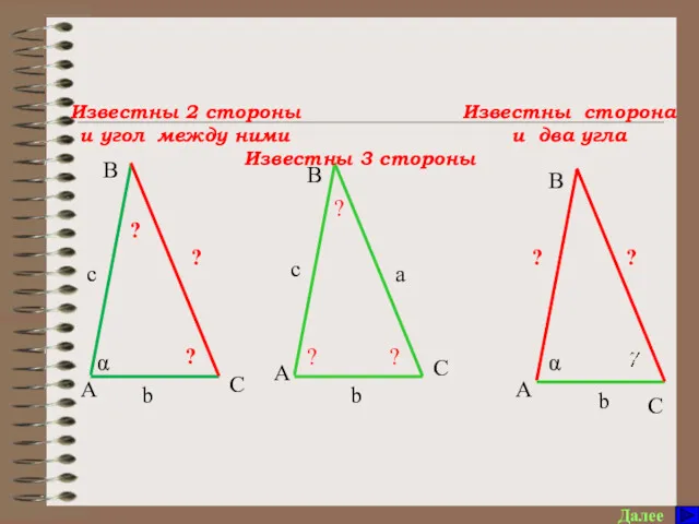 Памятка по решению треугольников Далее ? a α b ?