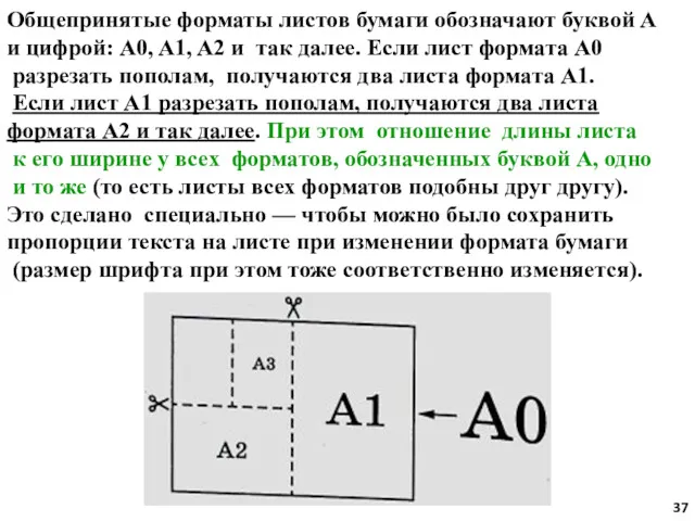 Общепринятые форматы листов бумаги обозначают буквой A и цифрой: A0,