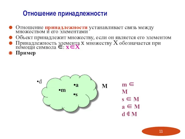 Отношение принадлежности устанавливает связь между множеством и его элементами Объект