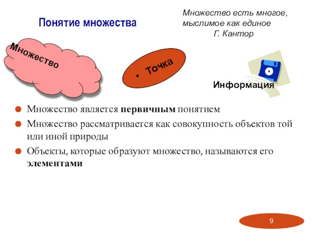 Множество является первичным понятием Множество рассматривается как совокупность объектов той